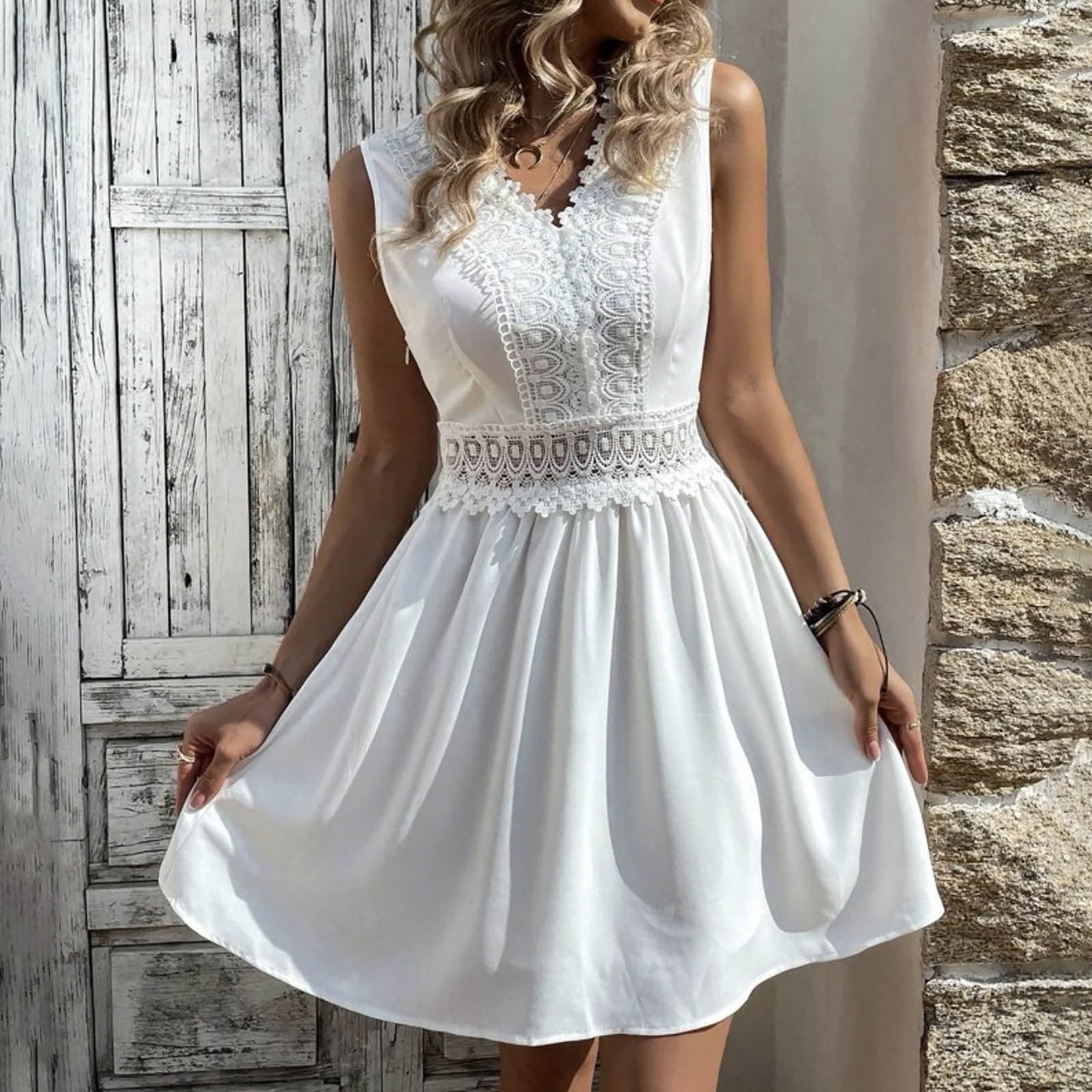 Fankiway Fashion Women V-Neck Lace Sleeveless Casual Summer