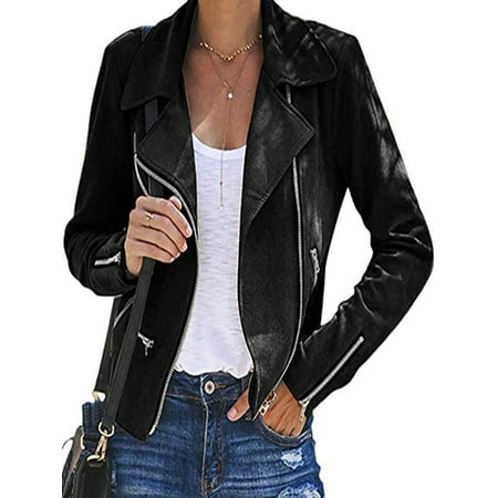 lisenraIn Women Ladies Leather Jacket Coats Zip Up Biker Casual Flight Top Coat