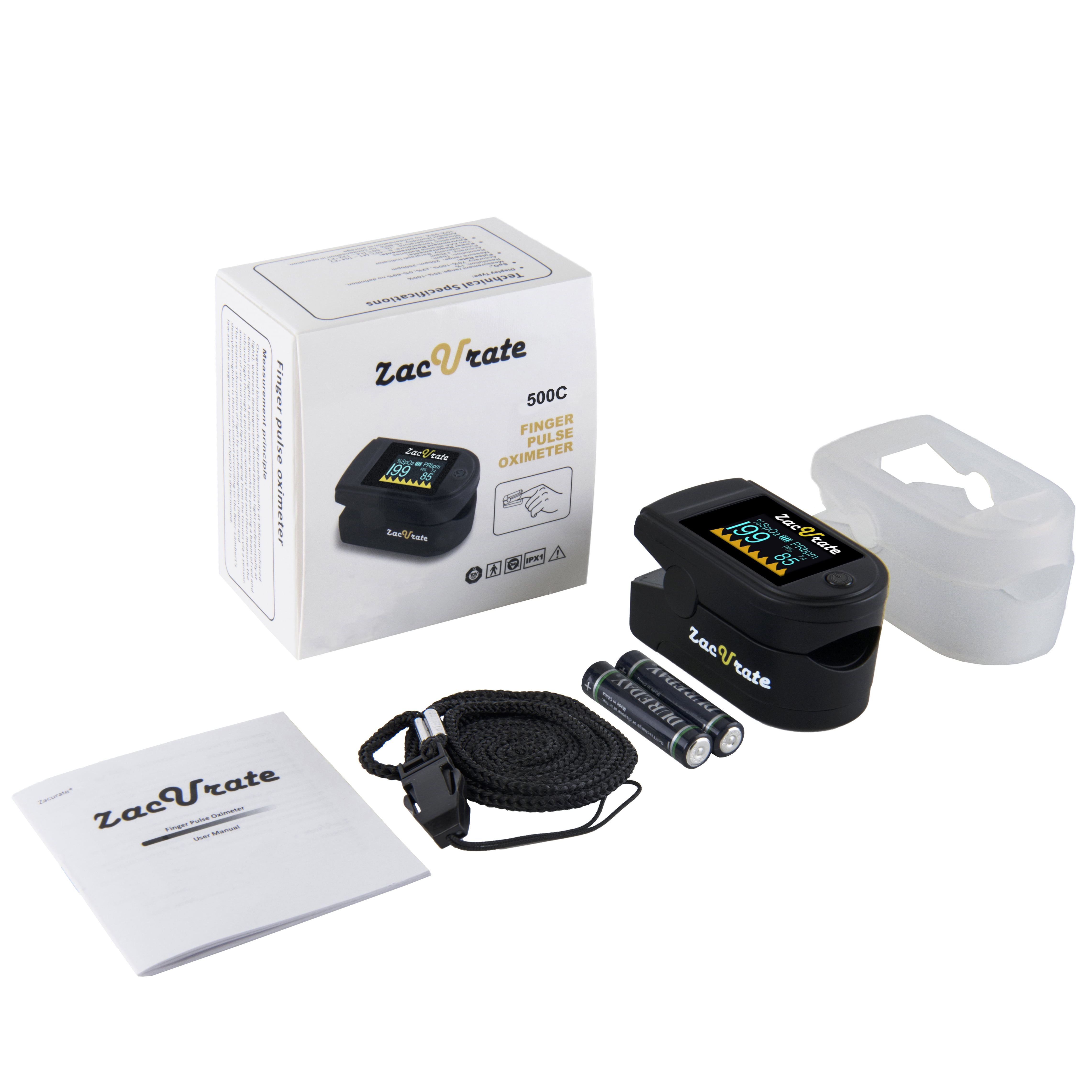 Zacurate Pro Series 500C Deluxe Sporting/Aviation Fingertip Pulse Oximeter with Silicon Cover, Batteries and Lanyard