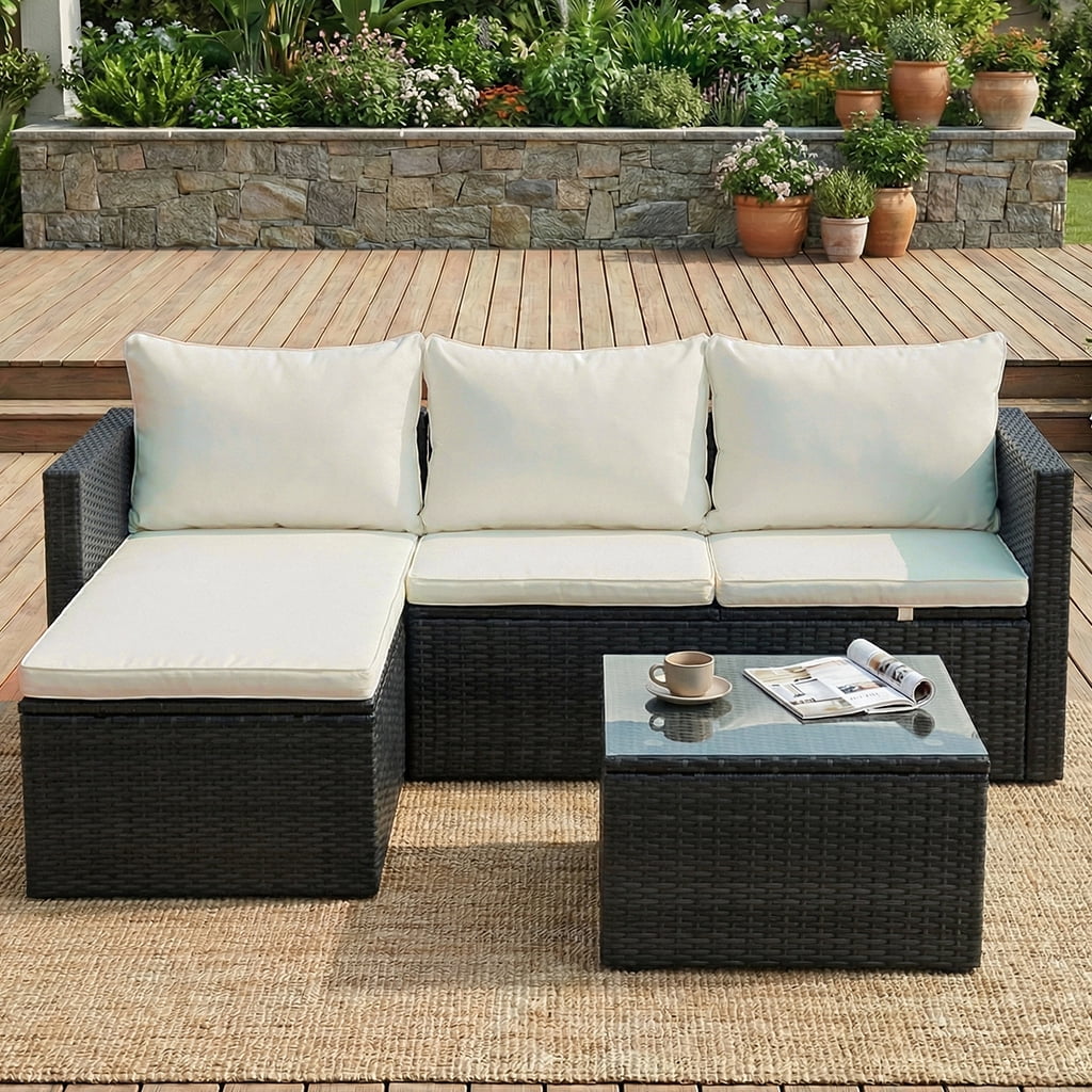Walsunny 3 Pieces patio furniture set, Rattan Wicker Outdoor Conversation Set with Cushions and Glass Tabletop,White