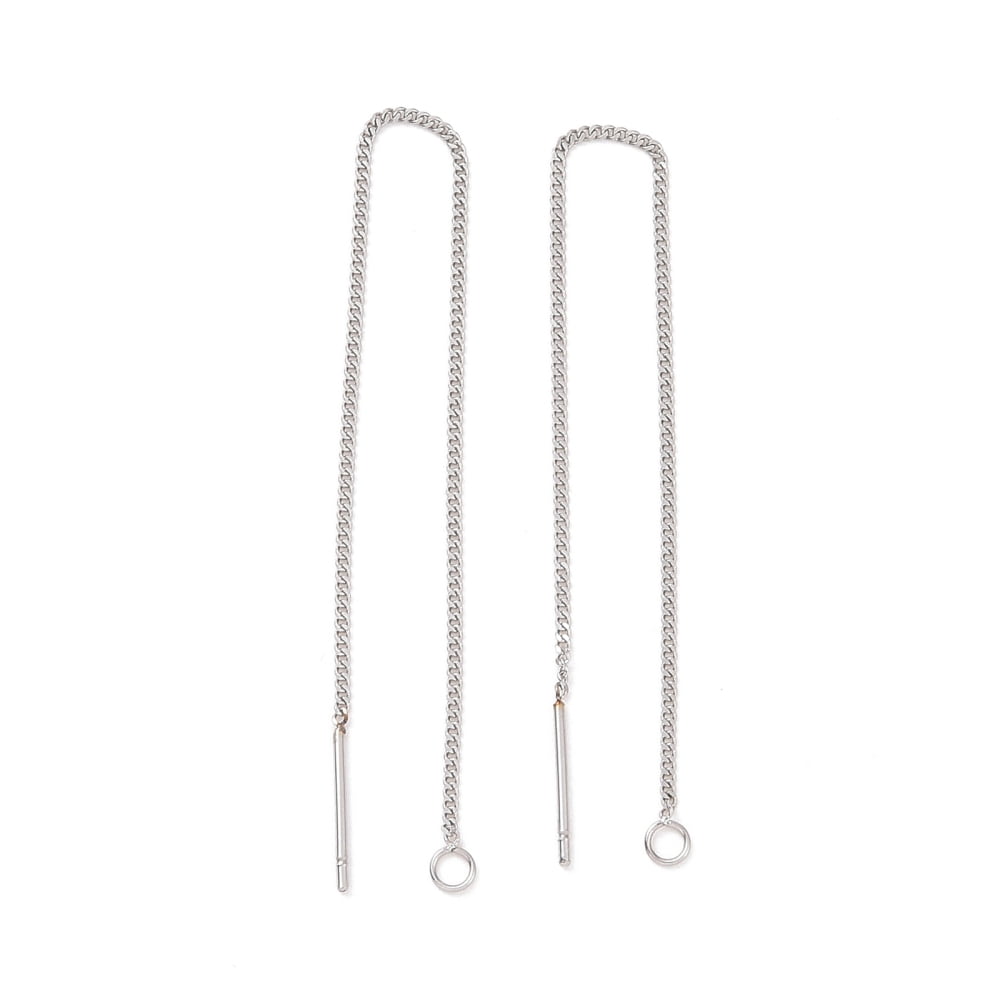Non-304 Stainless Steel Stud Earring Finding Curb Chains Ear Thread with Loops Stainless Steel Color 109x1x0.4mm Hole: 1.7mm Pin: 0.7mm