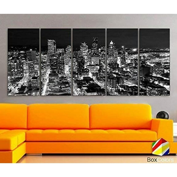 Original by BoxColors XLARGE 30"x 70" 5 Panels 30"x14" Ea Art Canvas Print Seattle Washington night light Downtown aerial view Skyline Black & White Wall Home decor (framed 1.5" depth)