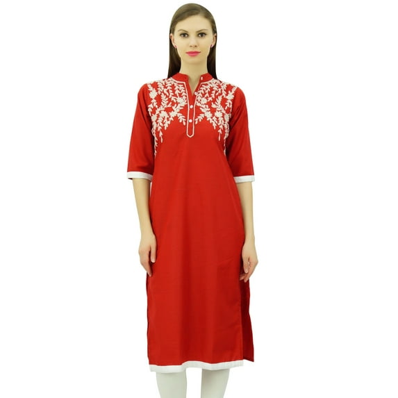 Bimba Women's Linen Kurta Embroidered Kurti Mandarin Collar Chic Straight Long Tunic