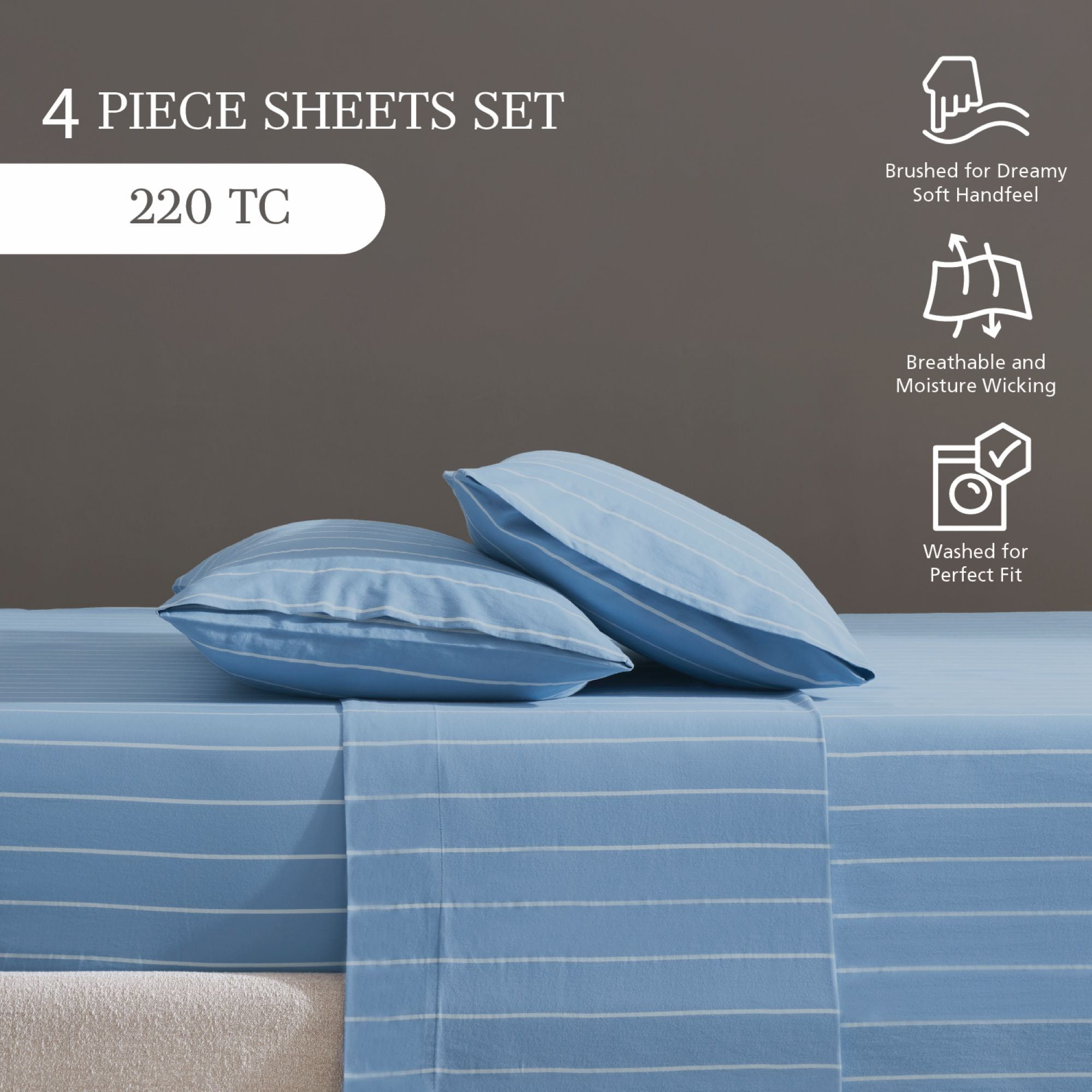 Mainstays 100% Cotton 4-Piece 220 Thread Count Blue and White Stripe 100% Peached Cotton Dreamy Soft Bed Sheet Set, Queen