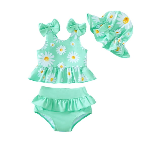 KIMI BEAR Newborn Baby Girls Swimsuit Sets 0-3 Months Sleeveless Bows Off the Shoulder Top Floral Tank Top Solid Color Ruffle Shorts with Hat 3pcs Bathing Sets Green
