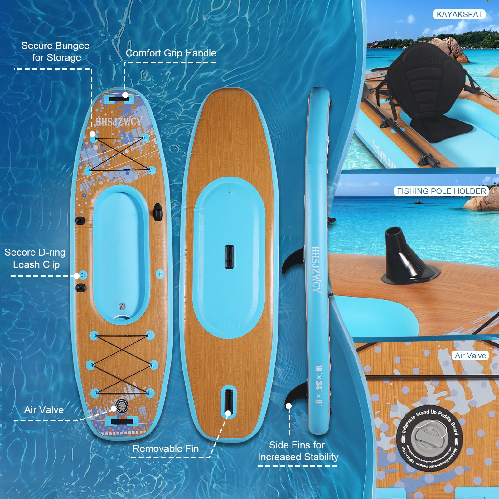 HHSJZWCY 10 ft Extra Wide Inflatable Kayak with Detachable Seat, Stand up Paddle Board for Adults & Youth,PaddleBoard for Fishing,Touring