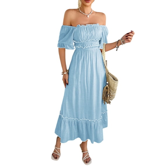 Women's Off the Shoulder Ruffle Maxi Dress Short Sleeve Tiered Graduation Boho Sundress