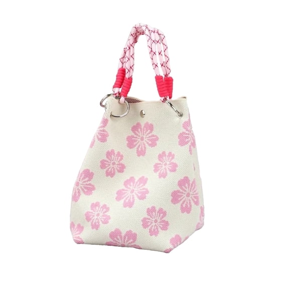 Yomiee Sakura Floral Knit Mini Tote Handbag for Women, Lightweight Braided Rope Handle Small Hand Bag with Magnetic Snap, Cherry Print Casual Purse for Daily Shopping Beach Vacation Outdoor Daily