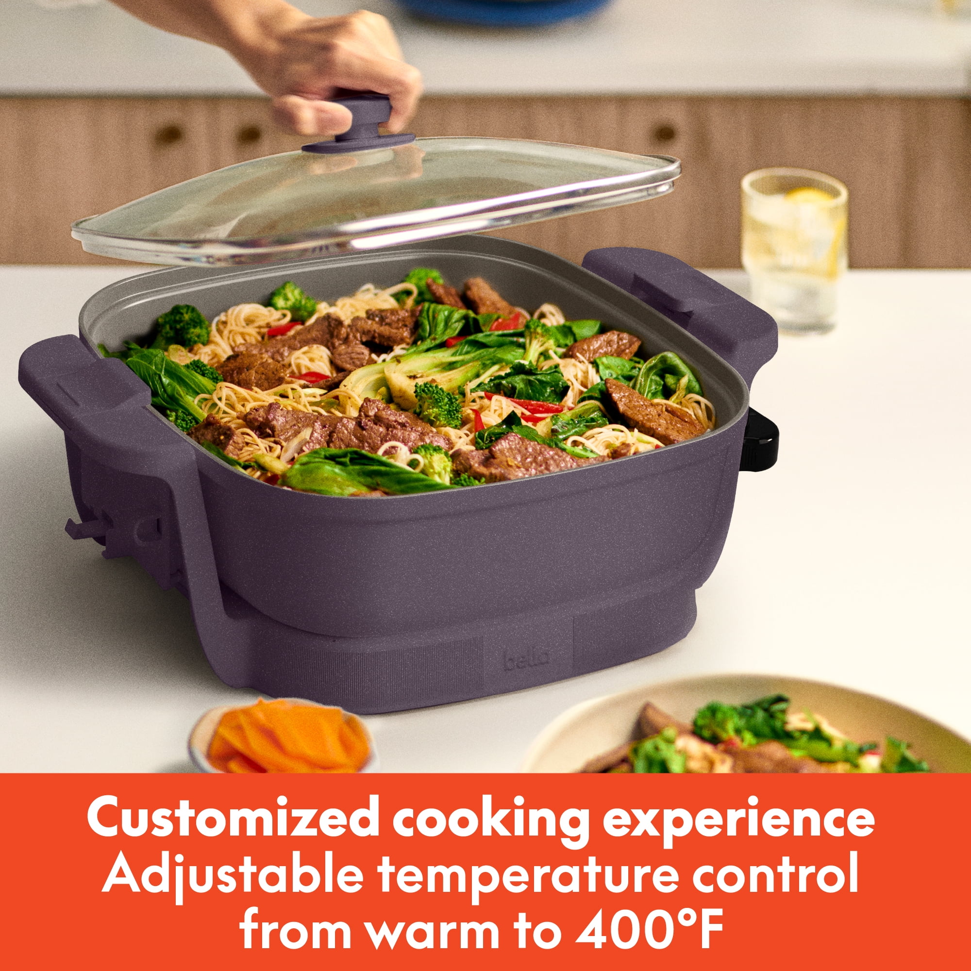 bella 12" Make & Take Electric Skillet with EverGood™ Ceramic Nonstick Coating, Adjustable Temperature, Dishwasher-Safe Glass Lid, Plum