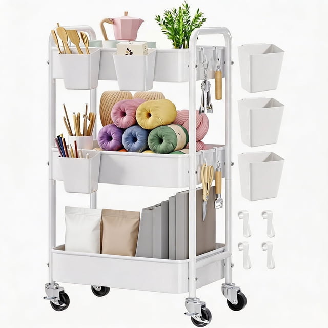 Carrito rodante de 3 niveles de metal, carrito de almacenamiento con ruedas para recámara, organizador de carritos de artesanía blanco, carritos de rodillos con ruedas para arte, carrito de