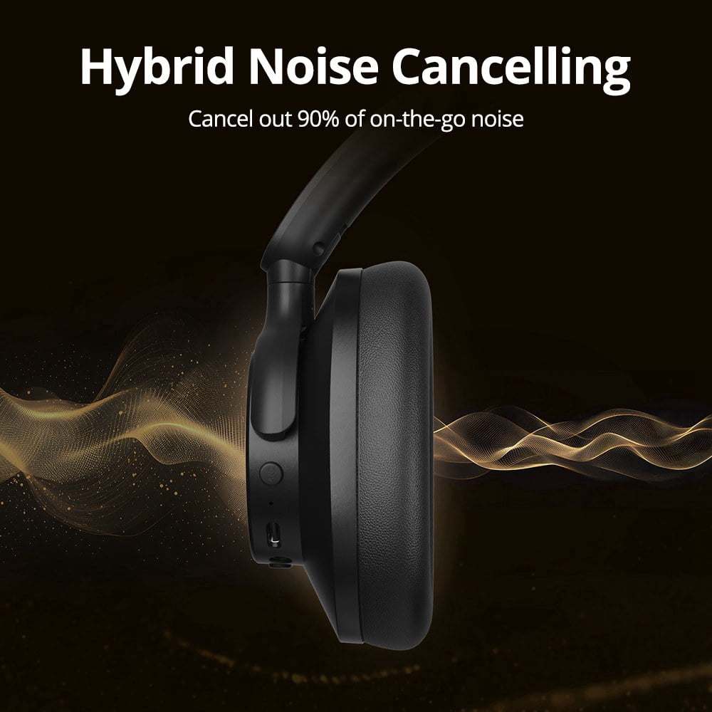 Tronsmart Q20S Hybrid Active Noise Cancelling Headphones, Comfort Wireless Over-Ear Headsets, 60H Playtime, Hi-Res Audio Deep Bass - Black