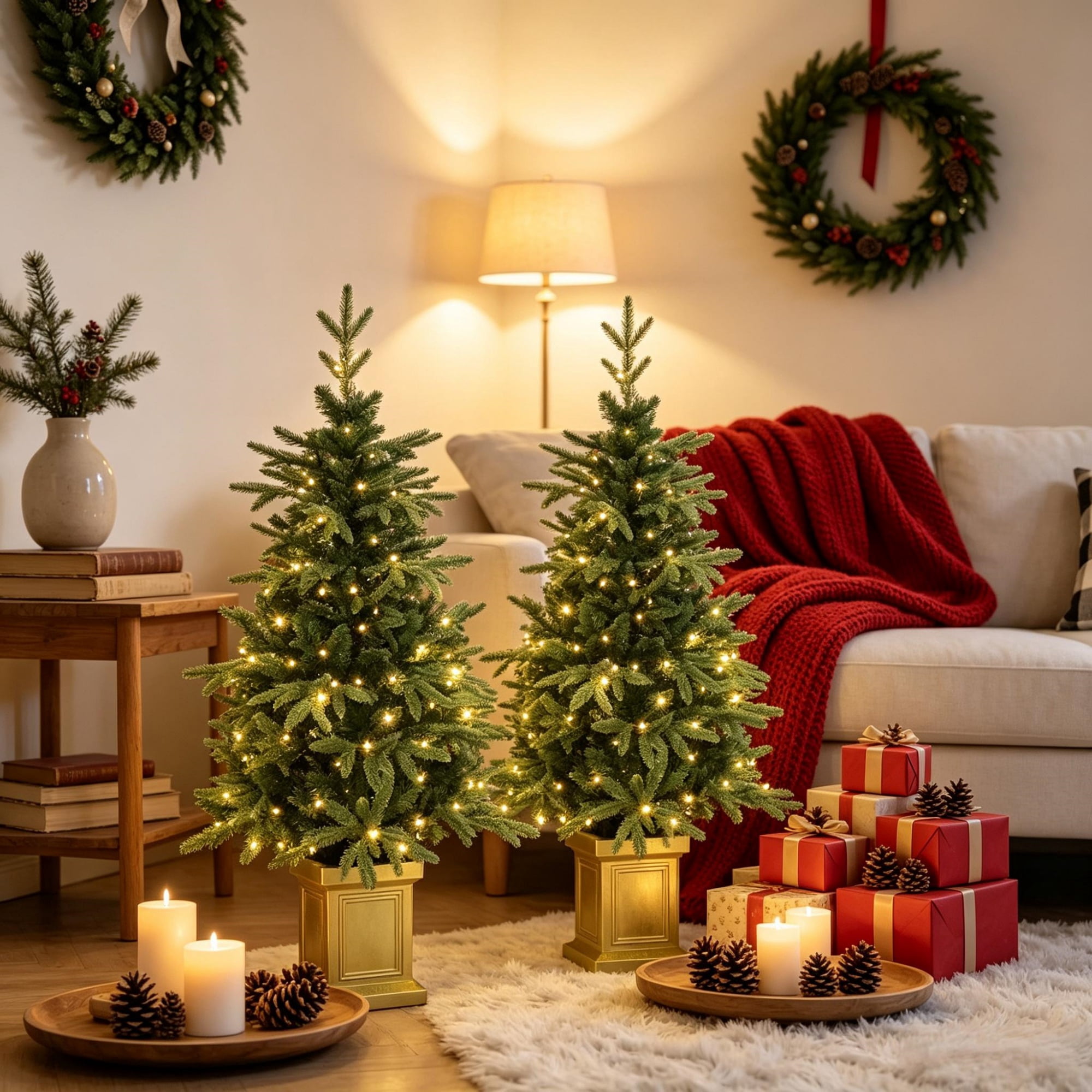 Pre-Lit Artificial Christmas Trees, Set of 2, 4 ft, 110 LEDs Each, 11 Lighting Modes, Remote Control, Battery Operated, Decorative Pot Bases