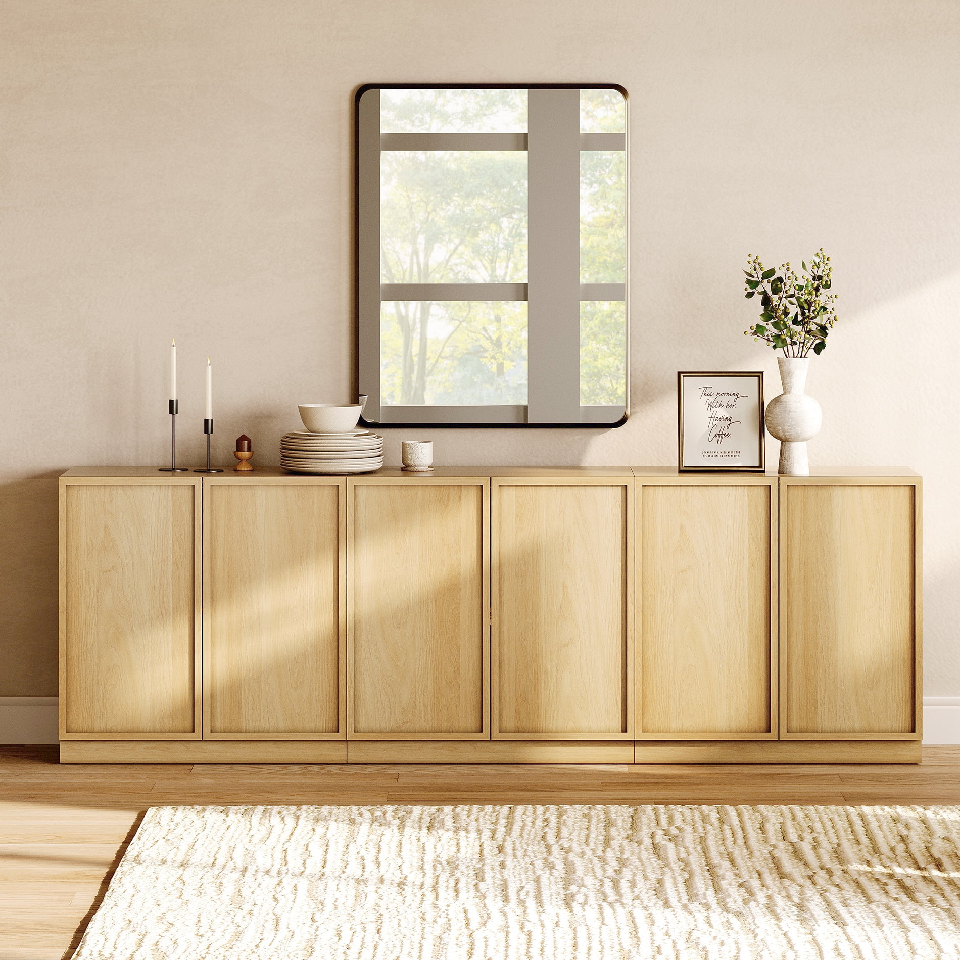 94.5" Modern Sideboard Buffet Cabinet with 6 Doors, Multifunctional Sideboard with Large Storage and Adjustable Shelf, Oak