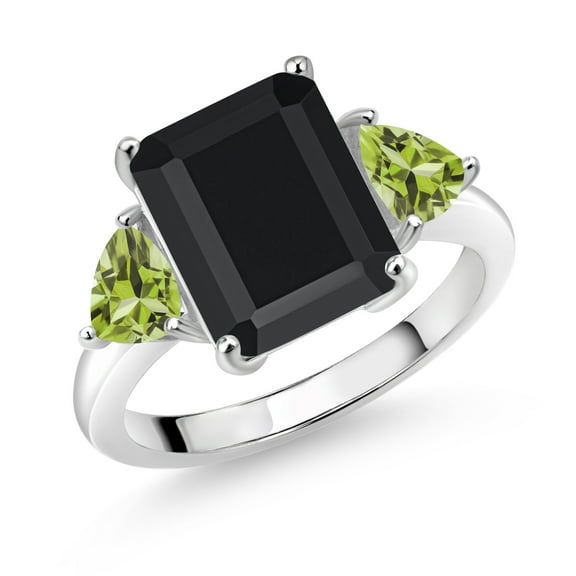 Gem Stone King 925 Sterling Silver Black Onyx and Green Peridot 3 Stone Ring for Women (6.73 Cttw, Octagon 12X10MM, Trillion 5X5MM, Gemstone December Birthstone, Size 9)