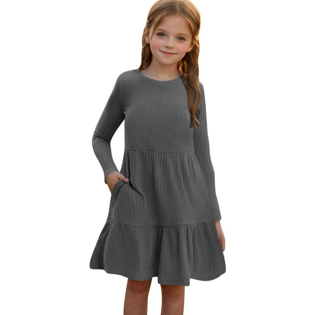 Odeerbi Niñas de Manga Larga Vestido de Punto de Canalé Niños Color Sólido Cuello Redondo Vestido de Princesa Con Bolsillo
