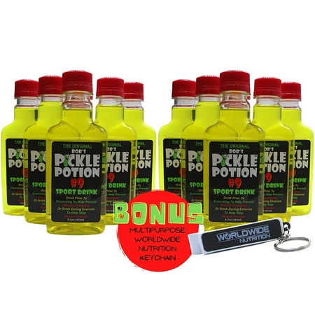

Bob s Pickle Potion 9 Sports Drinks - Electrolyte Drink for Pre Workout or Post Workout - Prime Hydration Drink for Leg Cramp Relief - 6.3 Oz 187ml 12 Individual Pickle Juice Bottles with Bonus Key...
