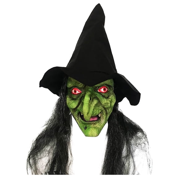 Leeye Halloween Scary Witch Latex Mask, Woman Full Head Mask with Long Black Hair and Hat for Adult Party Cosplay, One Size, 0.37 lb