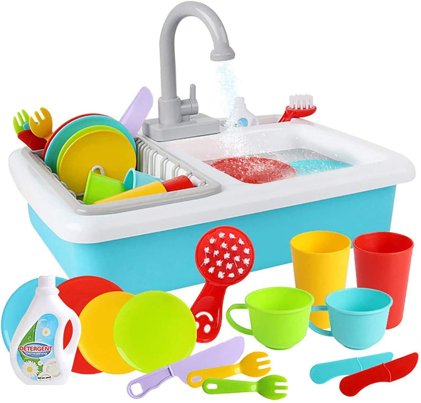 Play Kitchen Accessories Toy Sink Playset with Running Water and Pretend Plates Dishes Utensils Set Dishwasher Cookware Drainer Gift for Kids Toddlers Child Baby Girl and Boy Toys Age 3 4 5 6 7 Year 