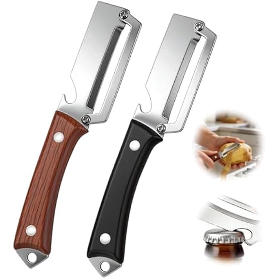 2 Pack Multi Functional Vegetable Peeler with Bottle Opener and Wooden Handle 2-in-1 Stainless Steel Blade Peelers for Kitchen Potato Apple kiwi Fruit Cucumber Papaya Carrot Veggie Peeler