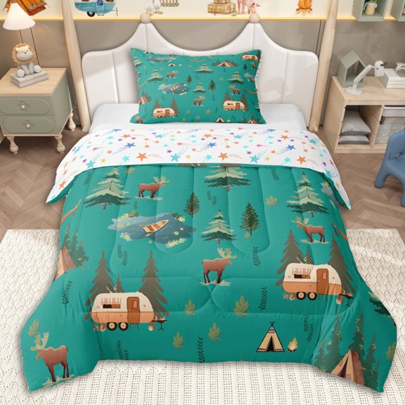 Erosebridal Happy Camping Twin Comforter Sets 3-Piece for Kids Teens,Boys Girls Cartoon RV Car Animal Deers Bedding Set,Breathable Home Decor