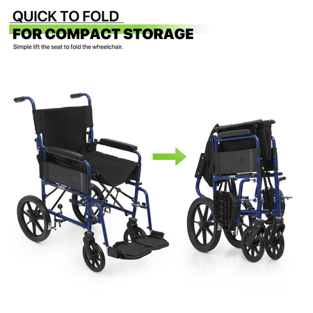 Magshion Folding Transport WheelChair, Foldable Rollator Chair with Swing-Away Footrests, Flip Back Backrest and Parking Brake for Adults, Disabled, 300lbs Weight Capacity, Blue
