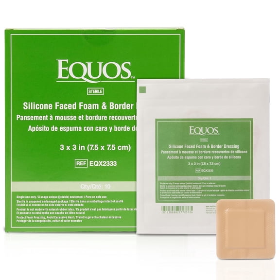 EQUOS 5-Layer Silicone Foam Dressing with Adhesive Border, Waterproof Wound Dressing Bandage, 3" x 3", 10 Count