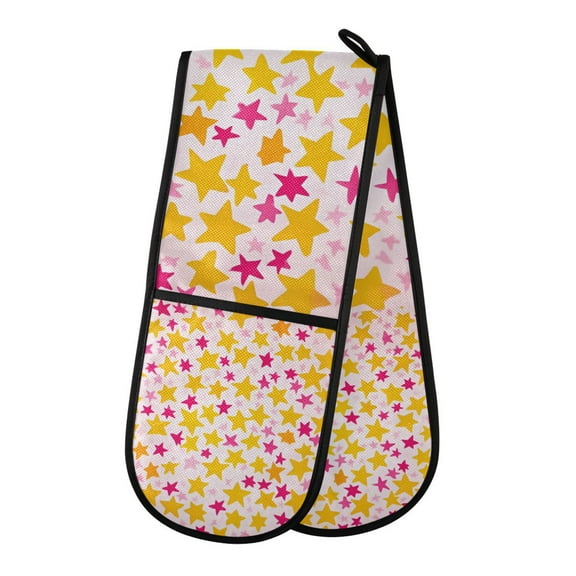 Yayeee Double Oven Mitt Kitchen Heat Resistant Baking 35" x7" Quilted Glove, Light Pink Stars