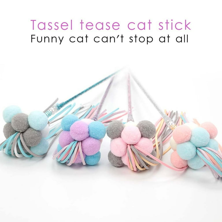 Cat Toys Crystal Wand Stick with Feather Tassel Cat Pom Pom Balls Built-in  Bell