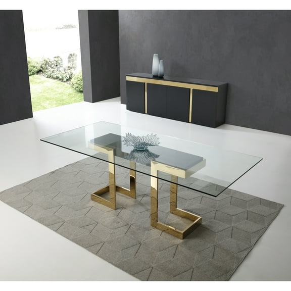 Whiteline Modern Living Sumo Rectangle Dining Table, 12mm clear tempered glass top, polished gold stainless steel base, Matt black connector between the legs