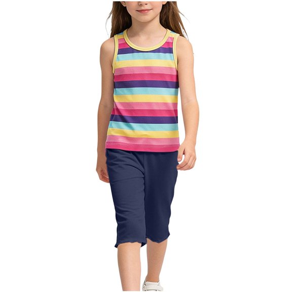 OGLCCG Girls 2 Pieces Outfits Summer Striped Sleeveless Tank Tops and Capri Pants Casual Matching Vacation Beach Lounge Sets 1-12 Years