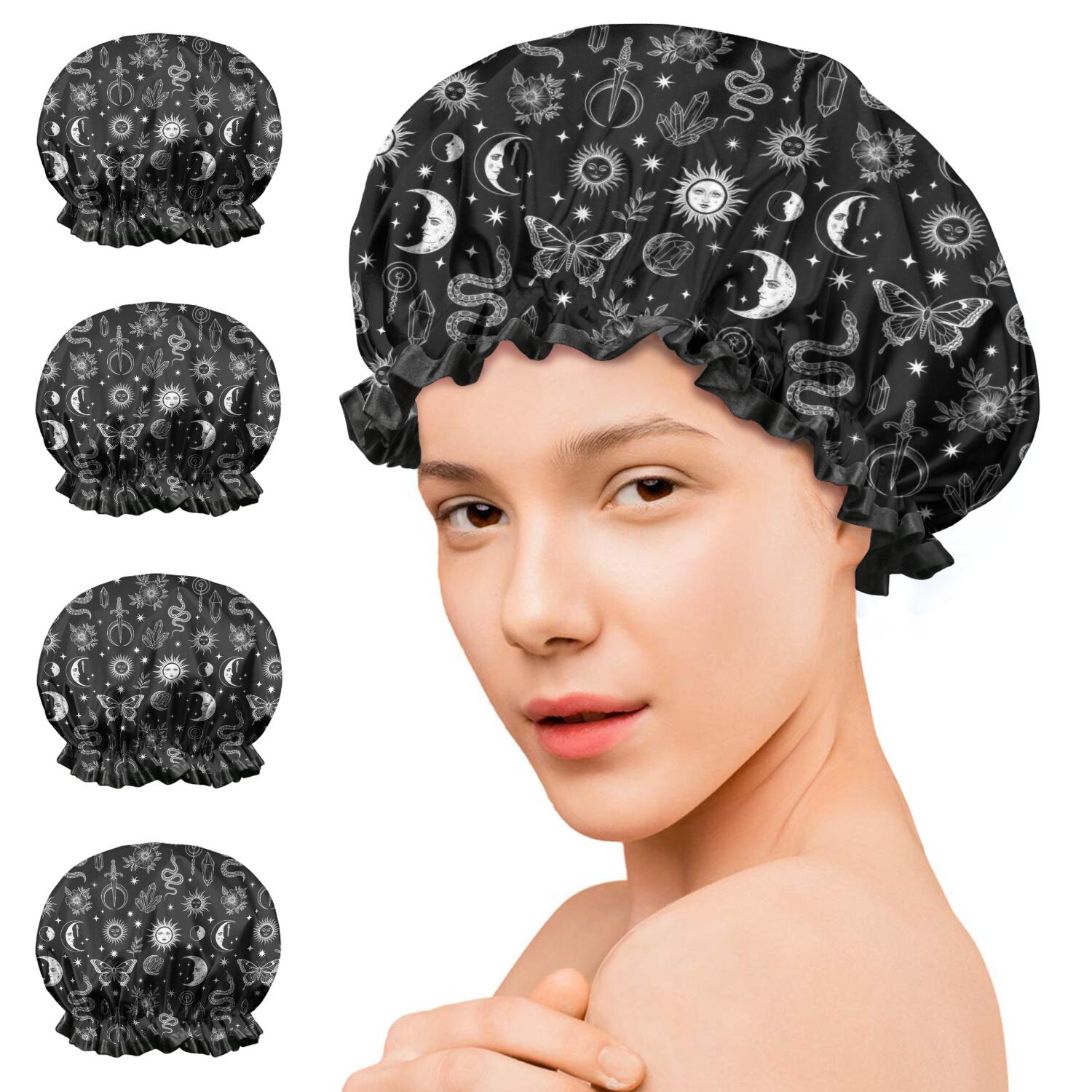 Shower Caps,Black White Sun Moon Snake Butterfly Pattern Waterproof Shower Cap for Women 4 Pieces,Double Reusable Hair Cover for Shower PEVA Elastic Stretch Hem