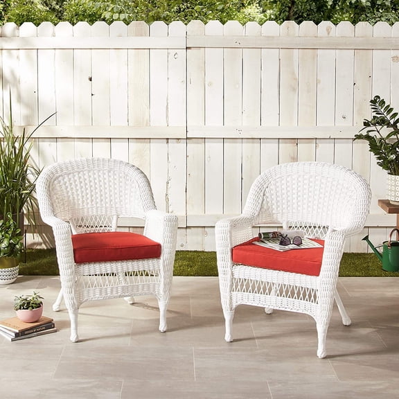 Jeco White Wicker Chair with Red Cushion - Set of 2