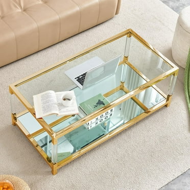 Miniyam Gold Glass Coffee Table with Luxury Stainless Steel Frame for Livingroom