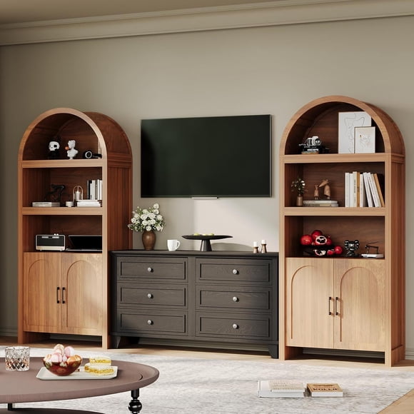 Ourlova 71in Tall Bookshelf Arched Cabinet - 5Tier Arched Bookcase with Mid Century Doors Wooden Storage Cabinet with Open Display Shelves and Adjustable Shelf for Office Dining Living Room - Brown