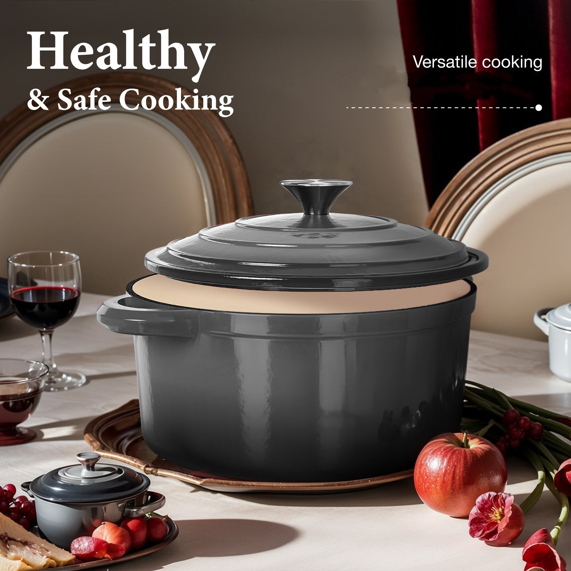 MF Studio 7-Piece Enameled Cast Iron Cookware Sets, Heavy Duty Ceramic Coated Pots and Pans Set, Gray Dutch Ovens Set