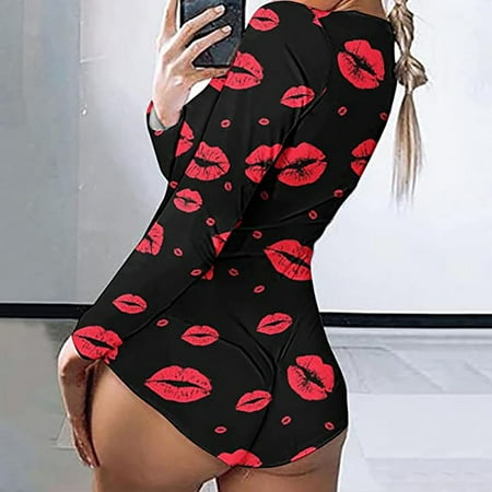 

S LUKKC LUKKC Valentine s Day Jumpsuit for Women Sexy V Neck Bodycon Overalls Heart Printed Pajamas Long Sleeve Button-down Onesies Functional Back Flap Club Shorts Rompers Fall Outfits on Clearance