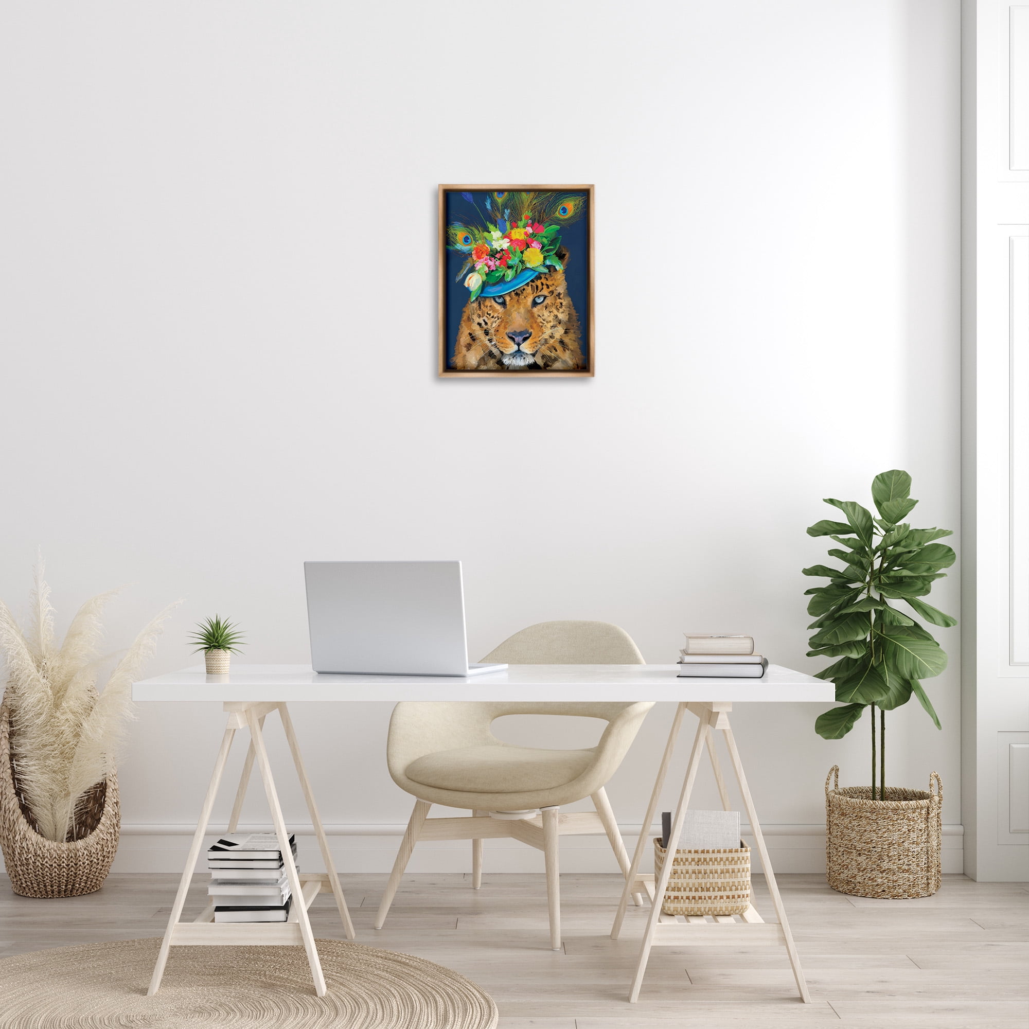 Stupell Industries Cheetah with Feather Hat Animals & Insects Painting Brown Floater Framed Canvas Art Print Wall Art, 17 x 21