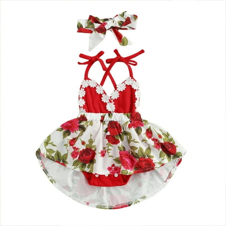 

Canrulo Summer Infant Baby Girl Clothes Floral Dress Lace Sleeveless Dress with Headband Ruffle Romper Skirt Red 12-18 Months