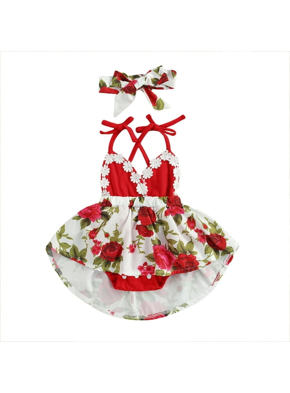 IZhansean Summer Infant Baby Girl Clothes Floral Dress Lace Sleeveless Dress with Headband Ruffle Romper Skirt Red 18-24 Months