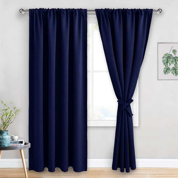 JIUZHEN Blackout Curtains for Bedroom & Living Room - Thermal Insulated Noise Reducing with Tie Backs, Room Darkening Rod Pocket Window Curtains, Set of 2 Panels, 52 x 84 Inch Length, Navy Blue