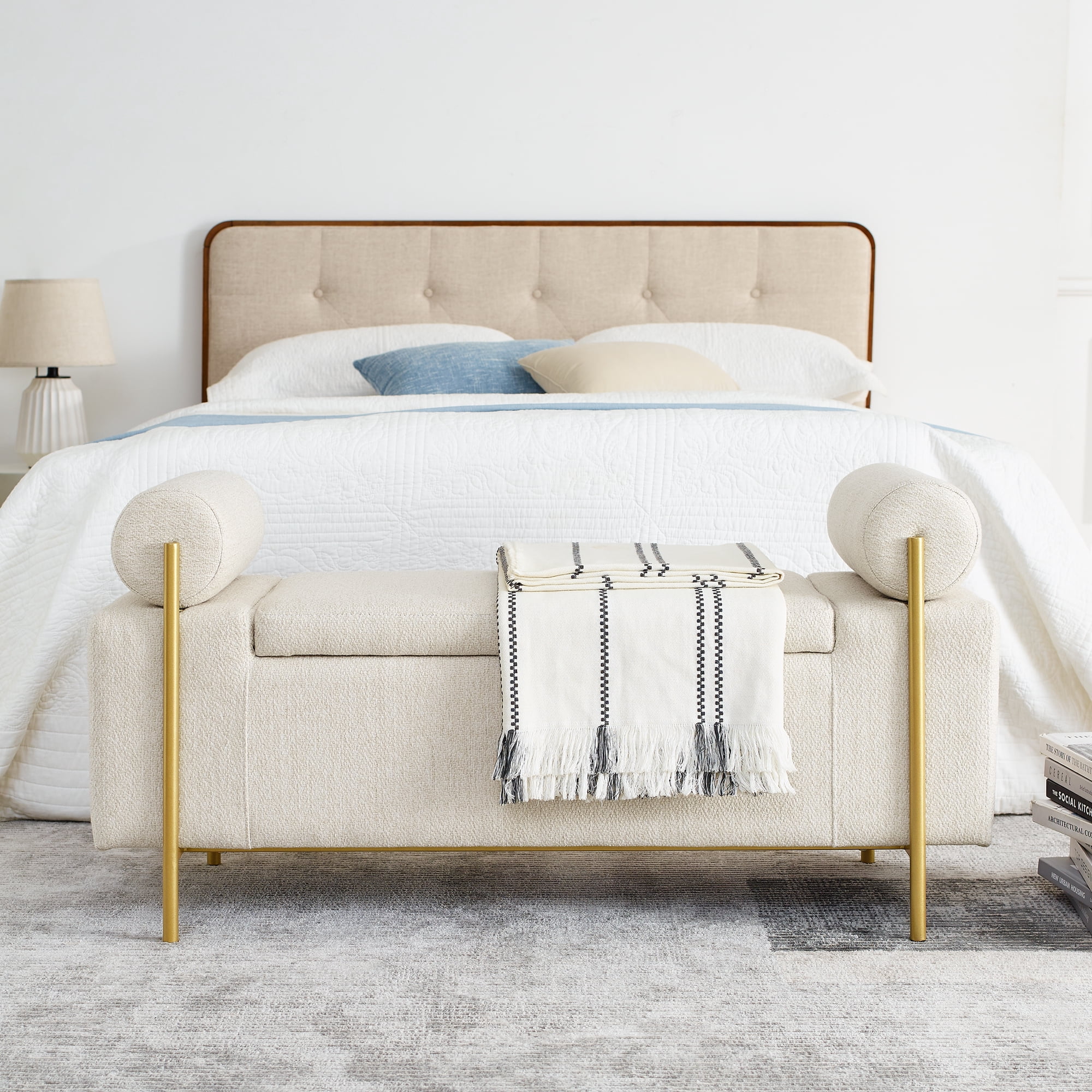 Gewnee Multifunctional Storage Bench - Soft Linen Cushion, Sturdy Iron Legs, Beige - Ideal for Window Seats & Ottomans