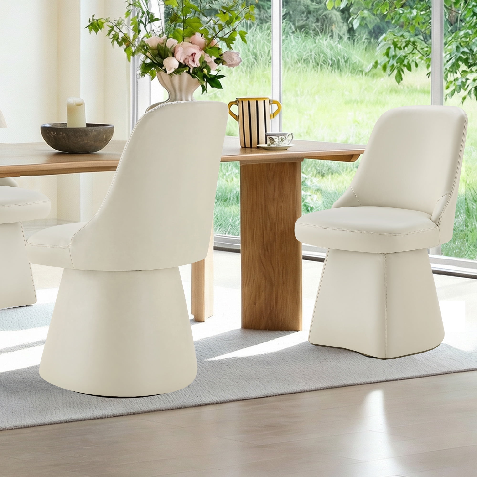 Spruce & Spring Modern Upholstered Swivel Dining Chair with High Back and Conical Base, Single, Cream Faux Leather
