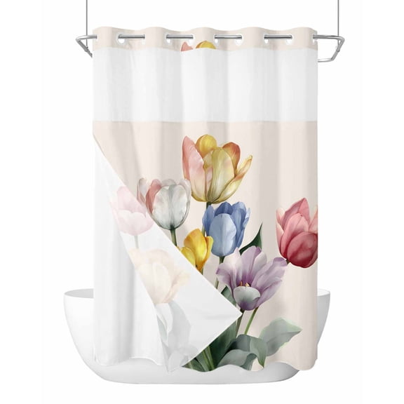 No Hook Shower Curtain with Snap-in Liner, Colorful Tulips Floral Waterproof Fabric Bathroom Curtains, Modern Art Watercolor Pastoral Bath Curtains & Mesh Top Window Stall 48"x72"