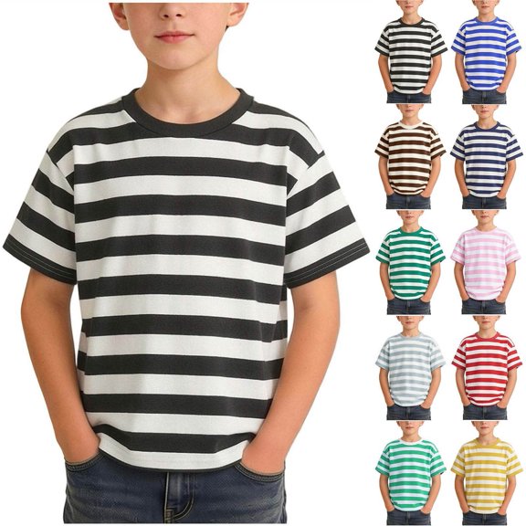 LIaqionyy Kids Striped Shirts Short Sleeve Boys Cotton Crew Neck Tee Tops for Kid Fashion Summer Clothes