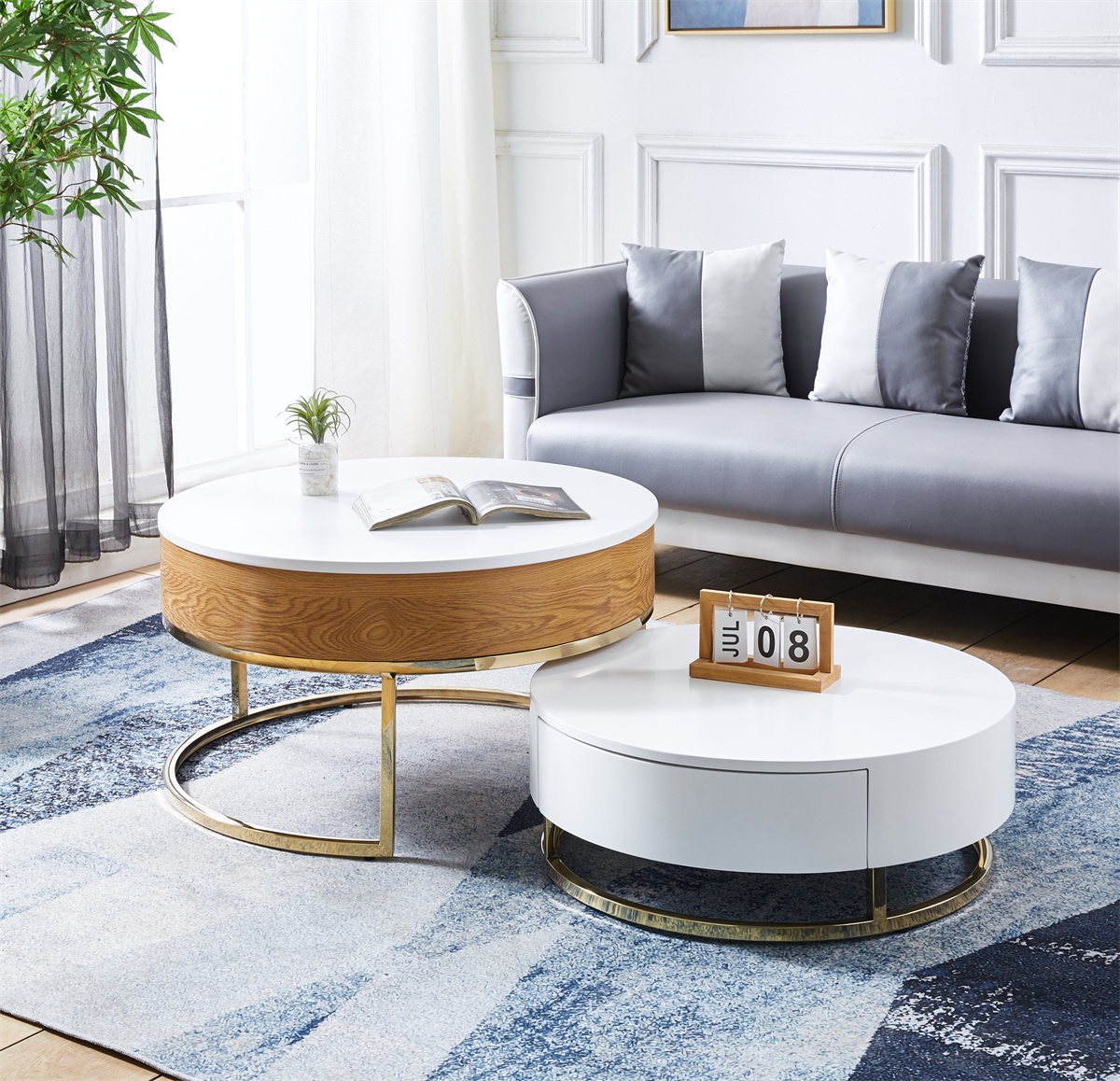 Modern Nesting Coffee Table Set with Sintered Stone Top, Lifttop