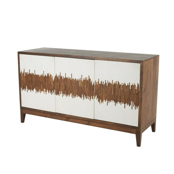 DecMode 60" x 34" Brown Mango Wood Abstract 3 Door and 3 Shelf Sideboard with White Front and Striped Pattern, 1-Piece