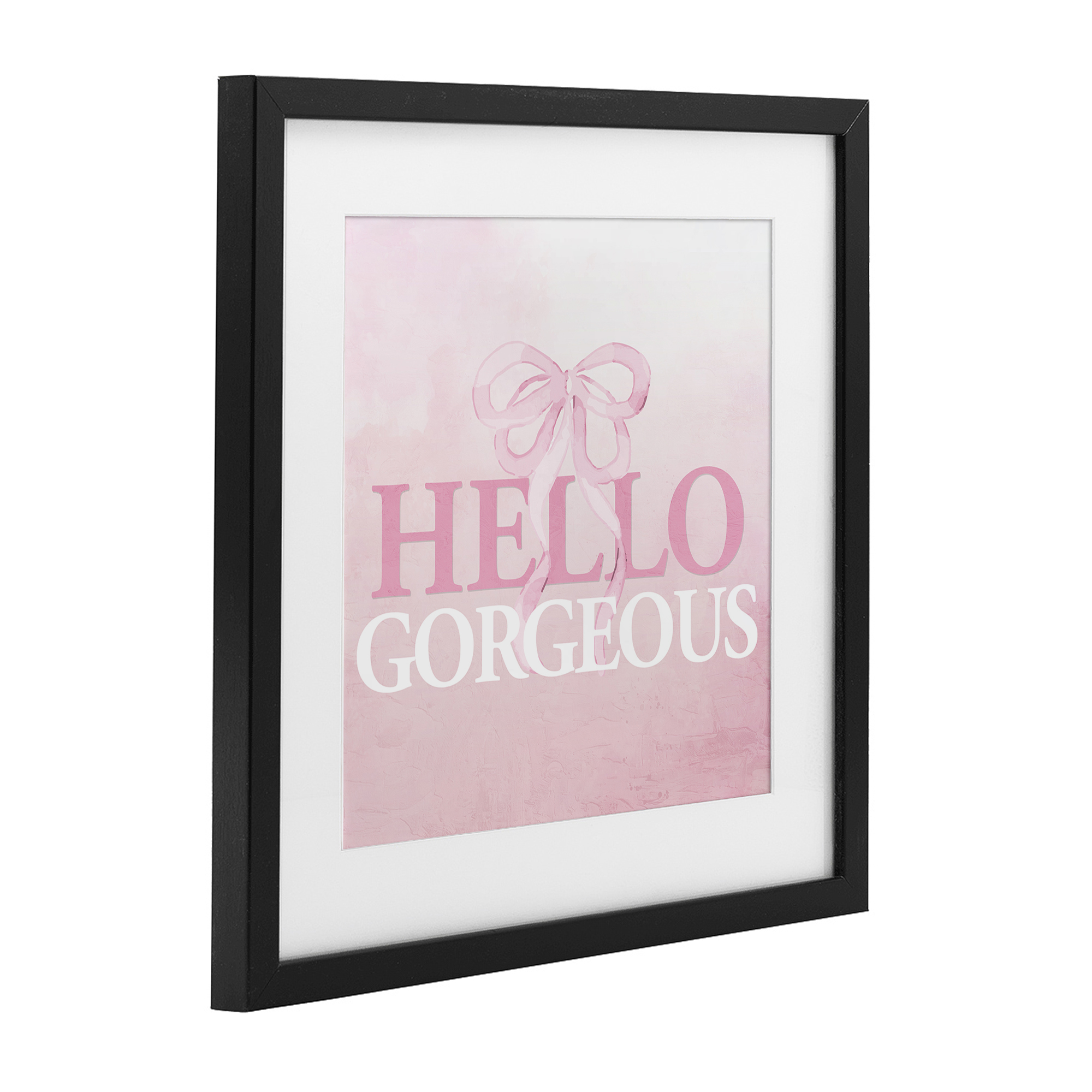 Feminine Hello Gorgeous Black Framed Print Under Glass, design by Kim Allen