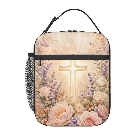 Floral Cross Lunch Bag Reusable Thermal Lunch Box with Handle for Women and Men