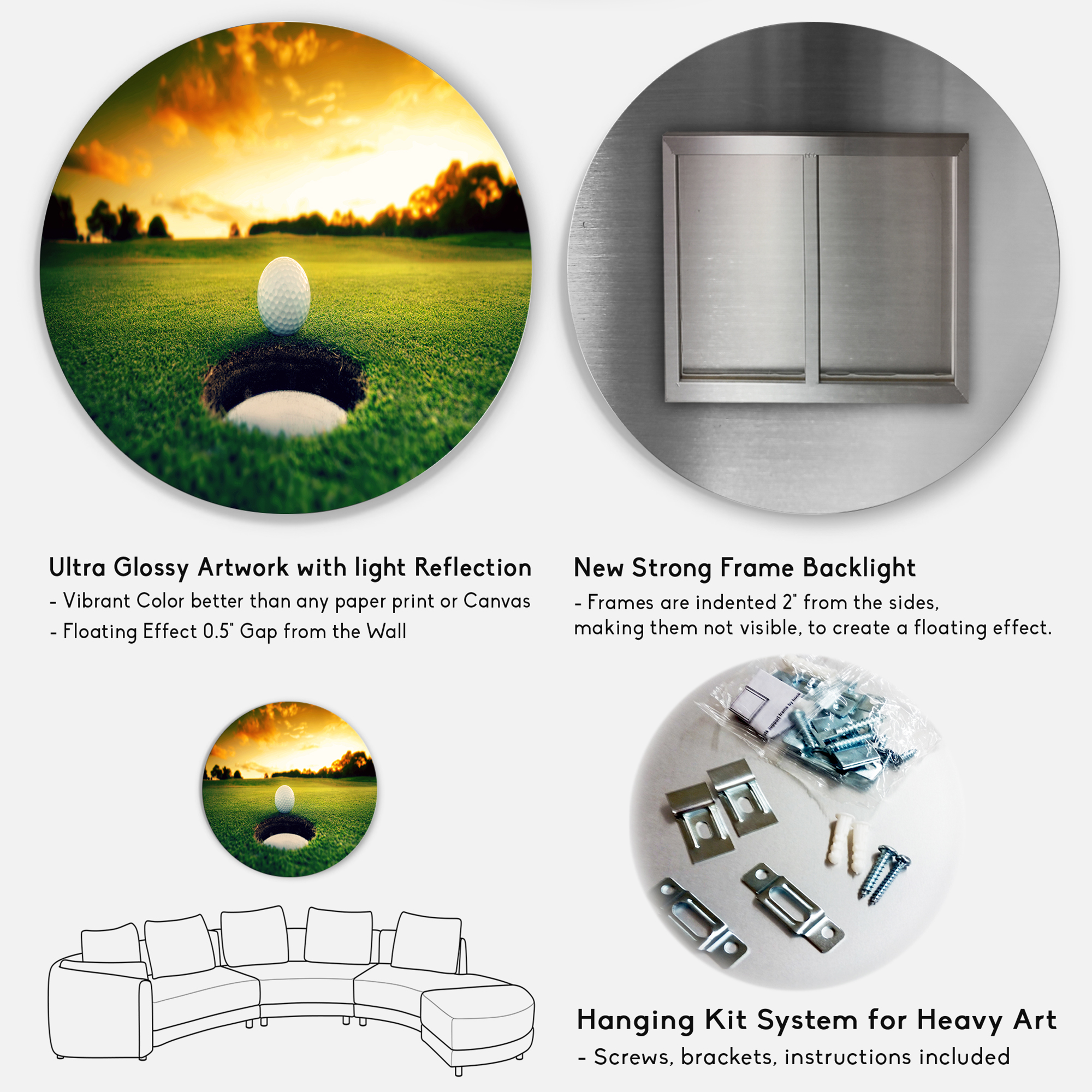 Designart 'Golf Ball Near Hole' Landscape Metal Circle Wall Art