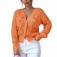 thumbnail image 2 of Women'S Crochet Cardigan V Neck Long Sleeve Decorated Button Down Knit Sweater Tops Orange M, 2 of 9